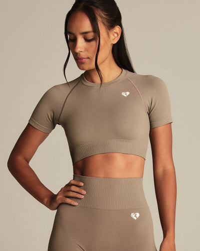 Power Short Sleeve Crop Top | Taupe Grey