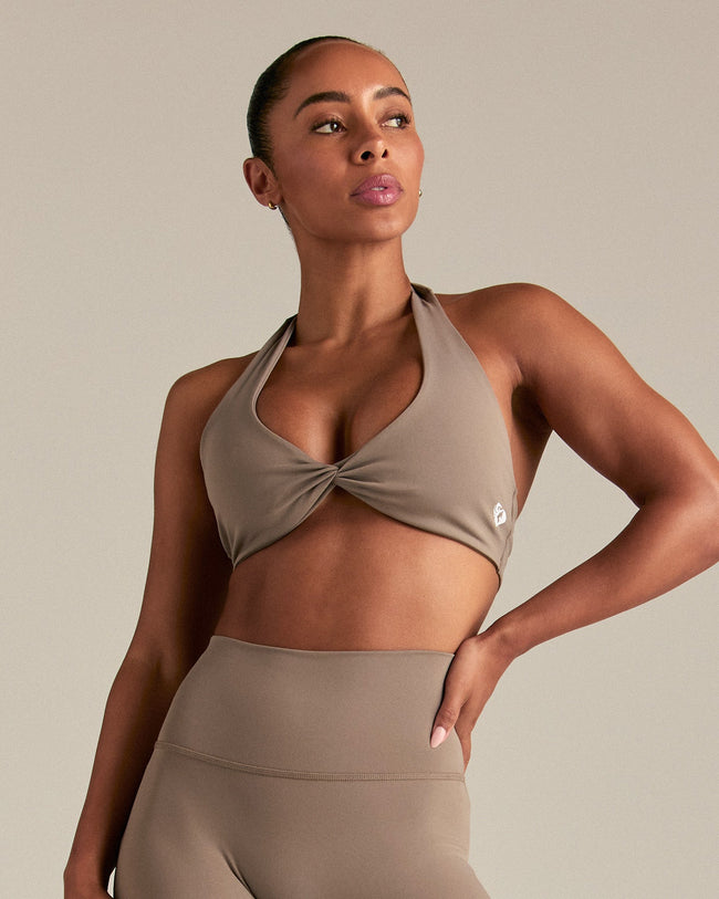 Essential Twist Front Halter Bra | Taupe Grey