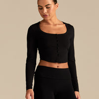 Cotton Contour Button Through Long Sleeve Top | Black