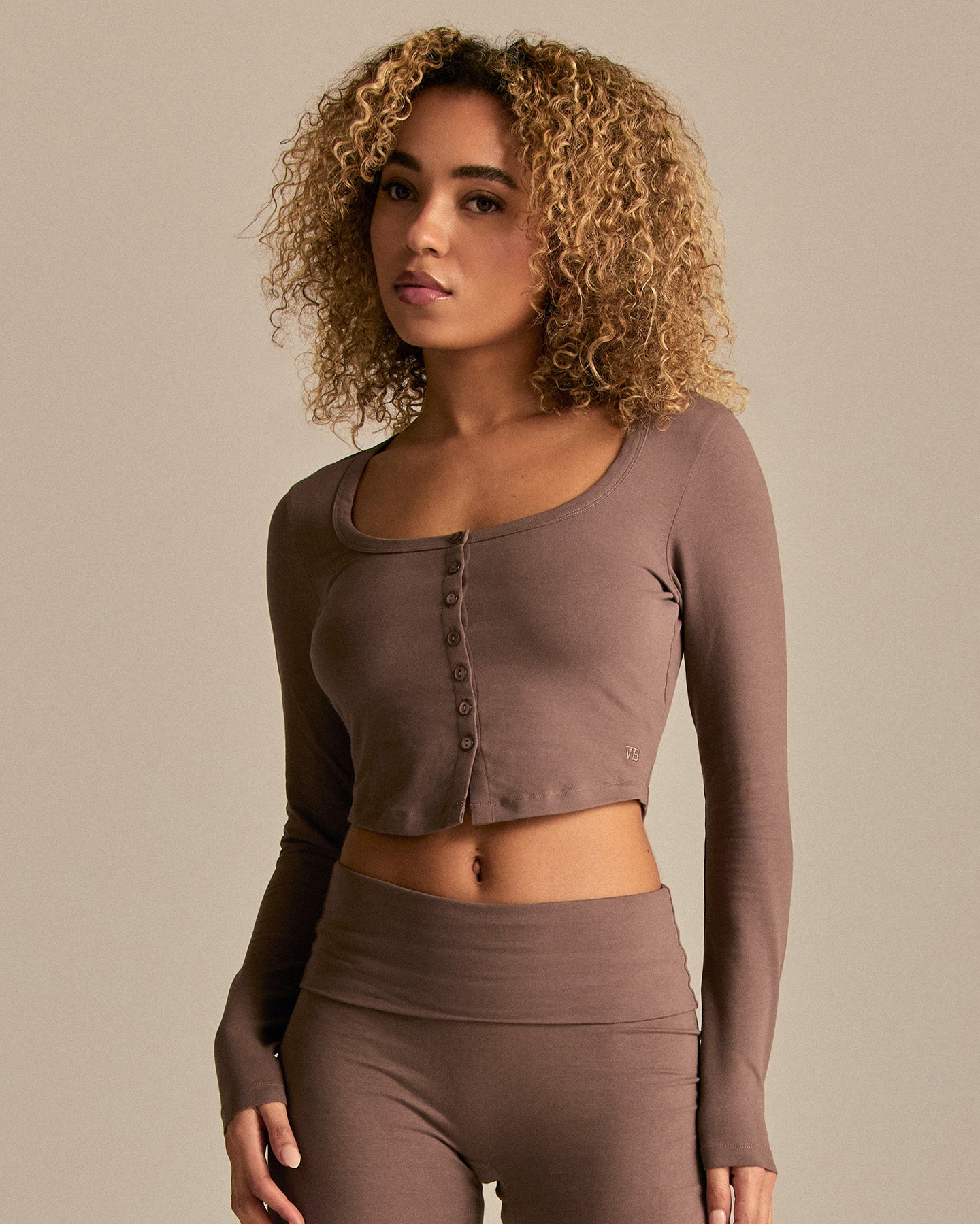 Cotton Contour Button Through Long Sleeve Top | Mocha