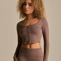 Cotton Contour Button Through Long Sleeve Top | Mocha
