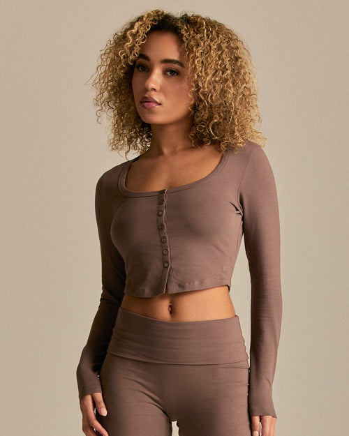 Cotton Contour Button Through Long Sleeve Top | Mocha