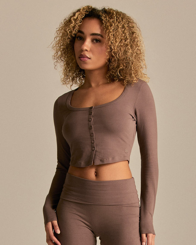 Cotton Contour Button Through Long Sleeve Top | Mocha