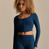 Cotton Contour Button Through Long Sleeve Top | True Navy