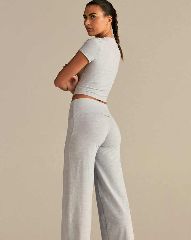 Cotton Contour Fold Over Straight Leg Pants | Grey Marl