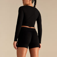 Cotton Contour Button Through Long Sleeve Top | Black