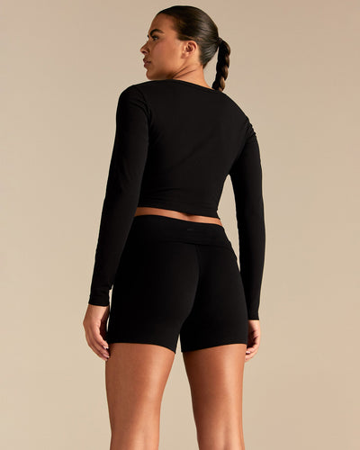 Cotton Contour Button Through Long Sleeve Top | Black
