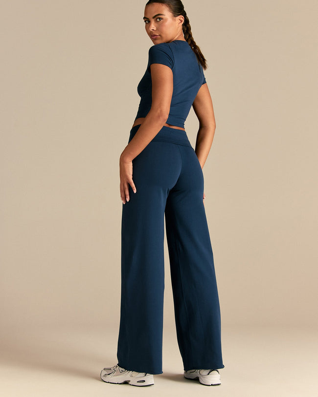 Cotton Contour Fold Over Straight Leg Pants | True Navy