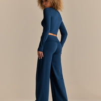 Cotton Contour Button Through Long Sleeve Top | True Navy