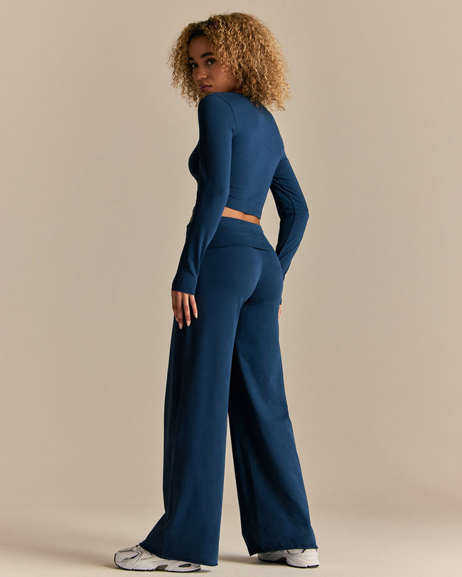 Cotton Contour Button Through Long Sleeve Top | True Navy