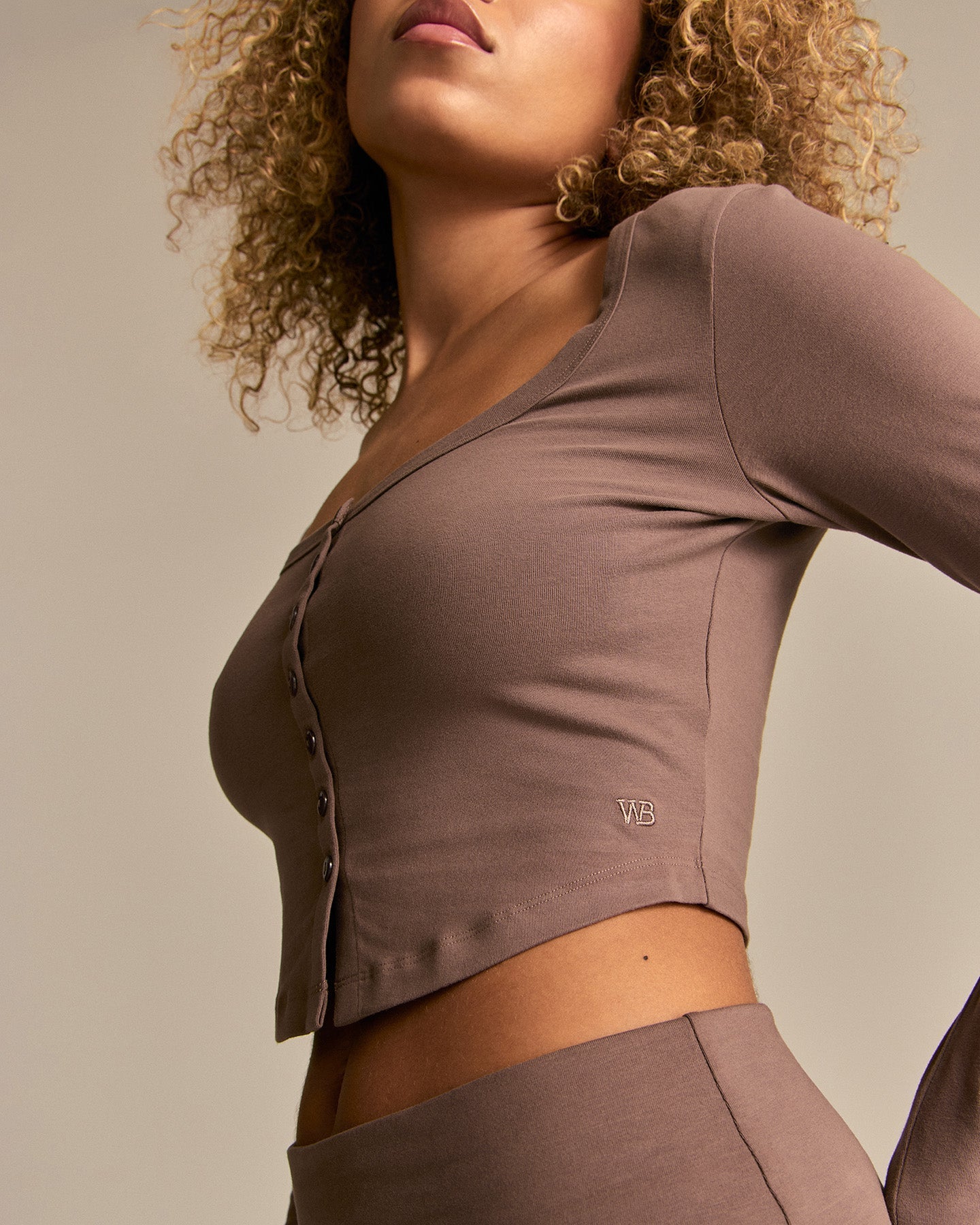 Cotton Contour Button Through Long Sleeve Top | Mocha