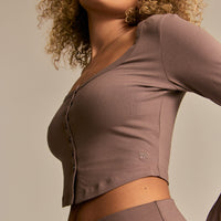 Cotton Contour Button Through Long Sleeve Top | Mocha