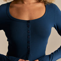 Cotton Contour Button Through Long Sleeve Top | True Navy