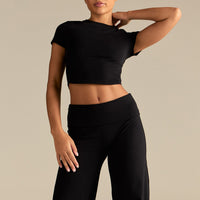 Cotton Contour Fold Over Straight Leg Pants | Black