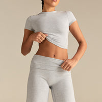 Cotton Contour Fold Over Straight Leg Pants | Grey Marl