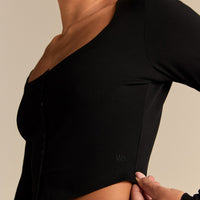 Cotton Contour Button Through Long Sleeve Top | Black