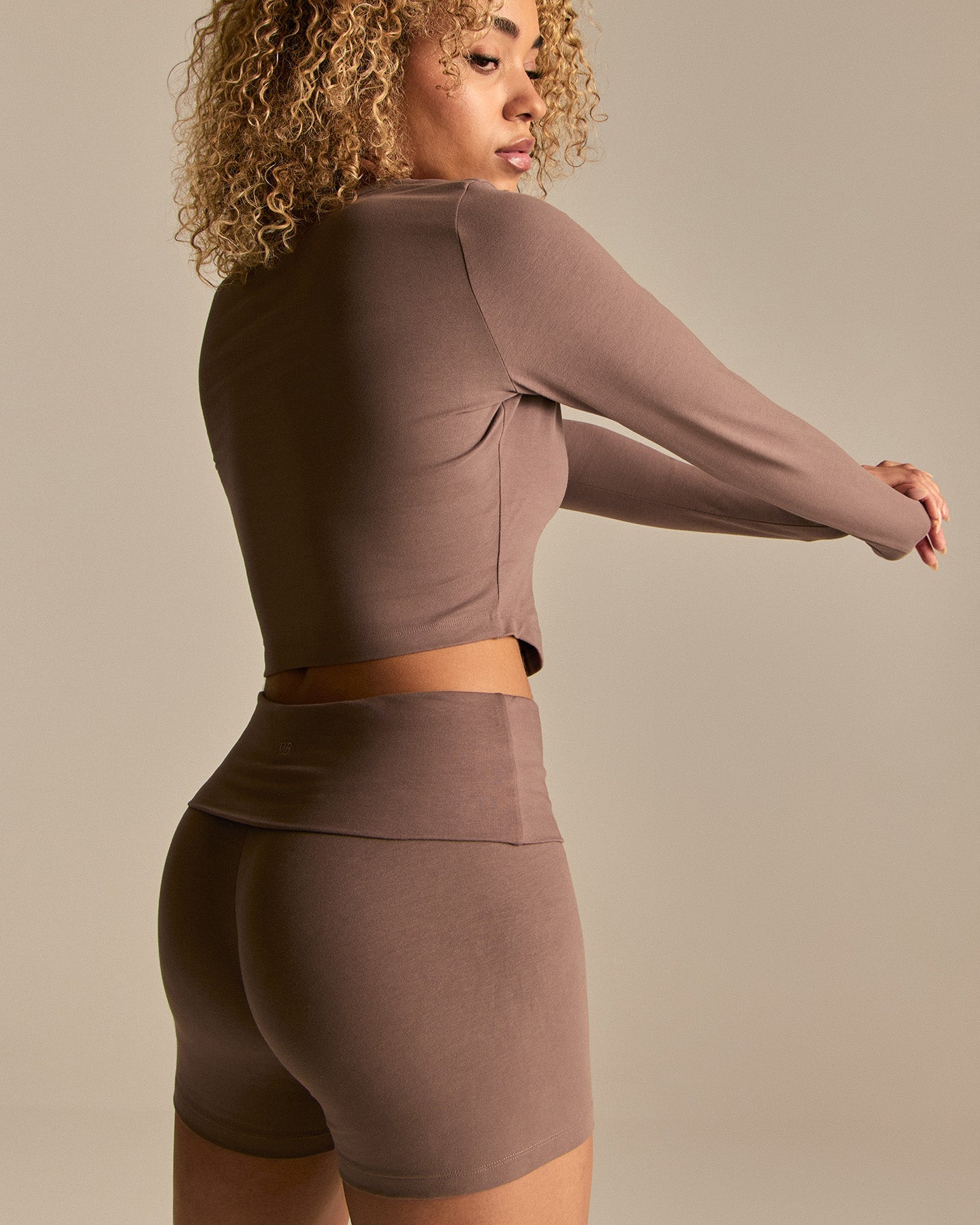 Cotton Contour Button Through Long Sleeve Top | Mocha