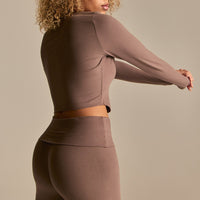Cotton Contour Button Through Long Sleeve Top | Mocha