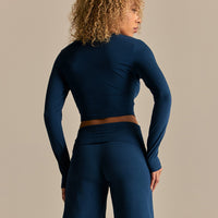 Cotton Contour Button Through Long Sleeve Top | True Navy