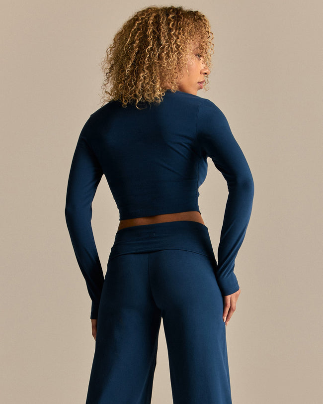 Cotton Contour Button Through Long Sleeve Top | True Navy