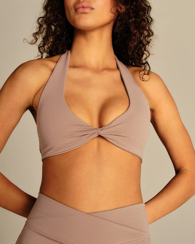 Essential Twist Front Halter Bra | Mauve Taupe