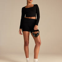Cotton Contour Button Through Long Sleeve Top | Black