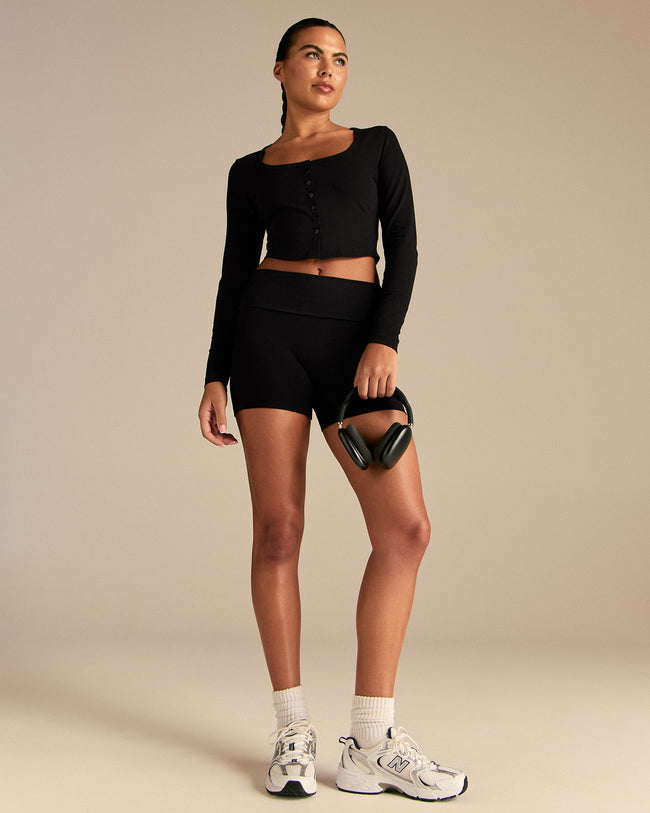 Cotton Contour Button Through Long Sleeve Top | Black