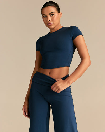 Cotton Contour Fold Over Straight Leg Pants | True Navy
