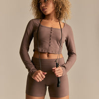 Cotton Contour Button Through Long Sleeve Top | Mocha
