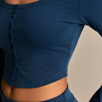 Cotton Contour Button Through Long Sleeve Top | True Navy