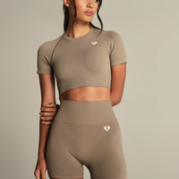 Power Short Sleeve Crop Top | Taupe Grey