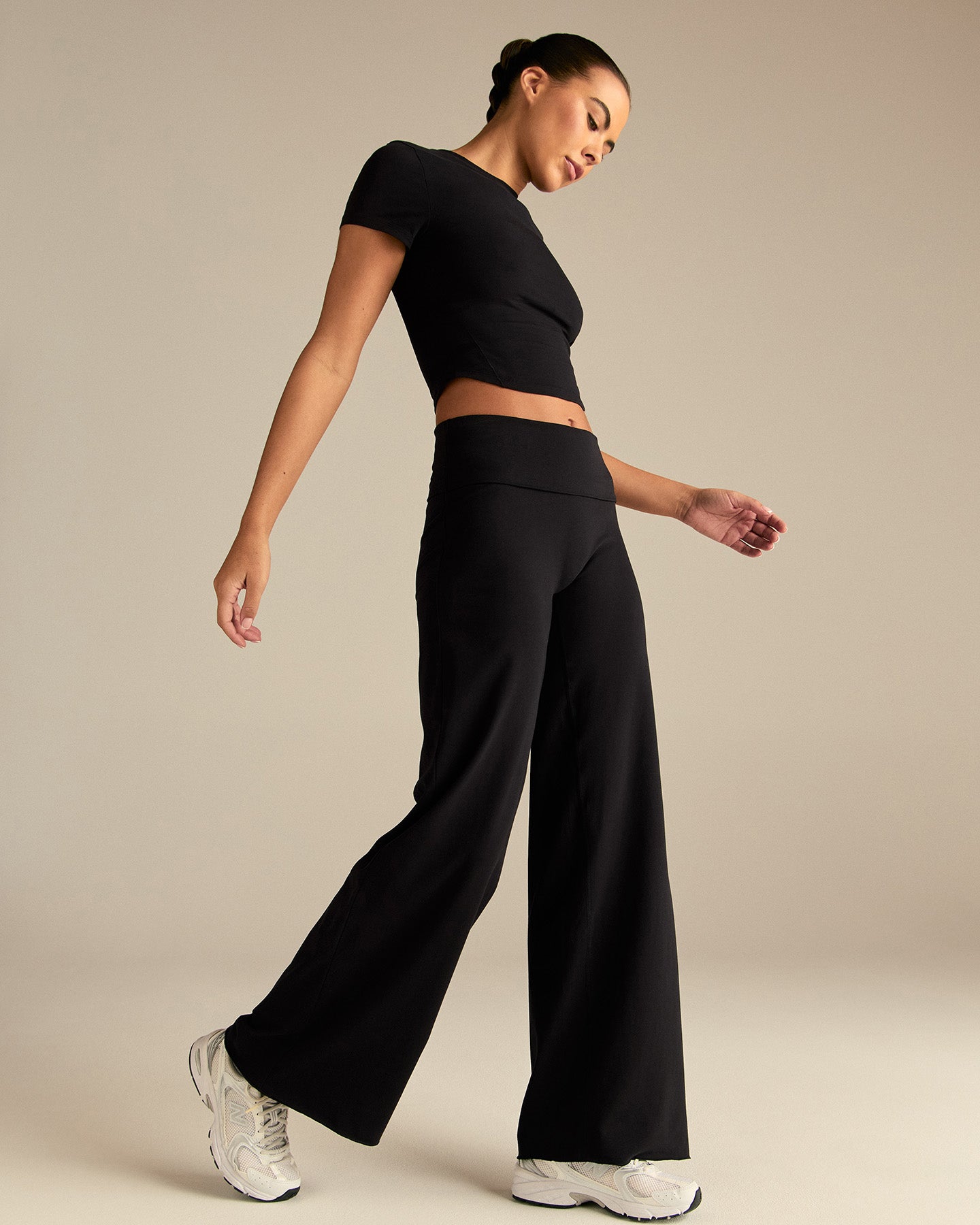 Cotton Contour Fold Over Straight Leg Pants | Black