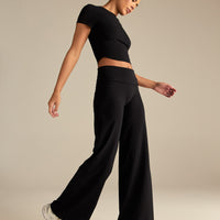Cotton Contour Fold Over Straight Leg Pants | Black